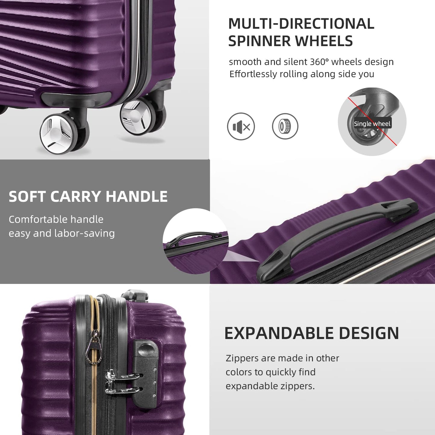 LEAVES KING Luggage 5 Piece Sets, Hard Shell Luggage Set Expandable Carry on Luggage Suitcase with Spinner Wheels Durable Lightweight Travel Set for Men Women(14/18/20/24/28, Purple)