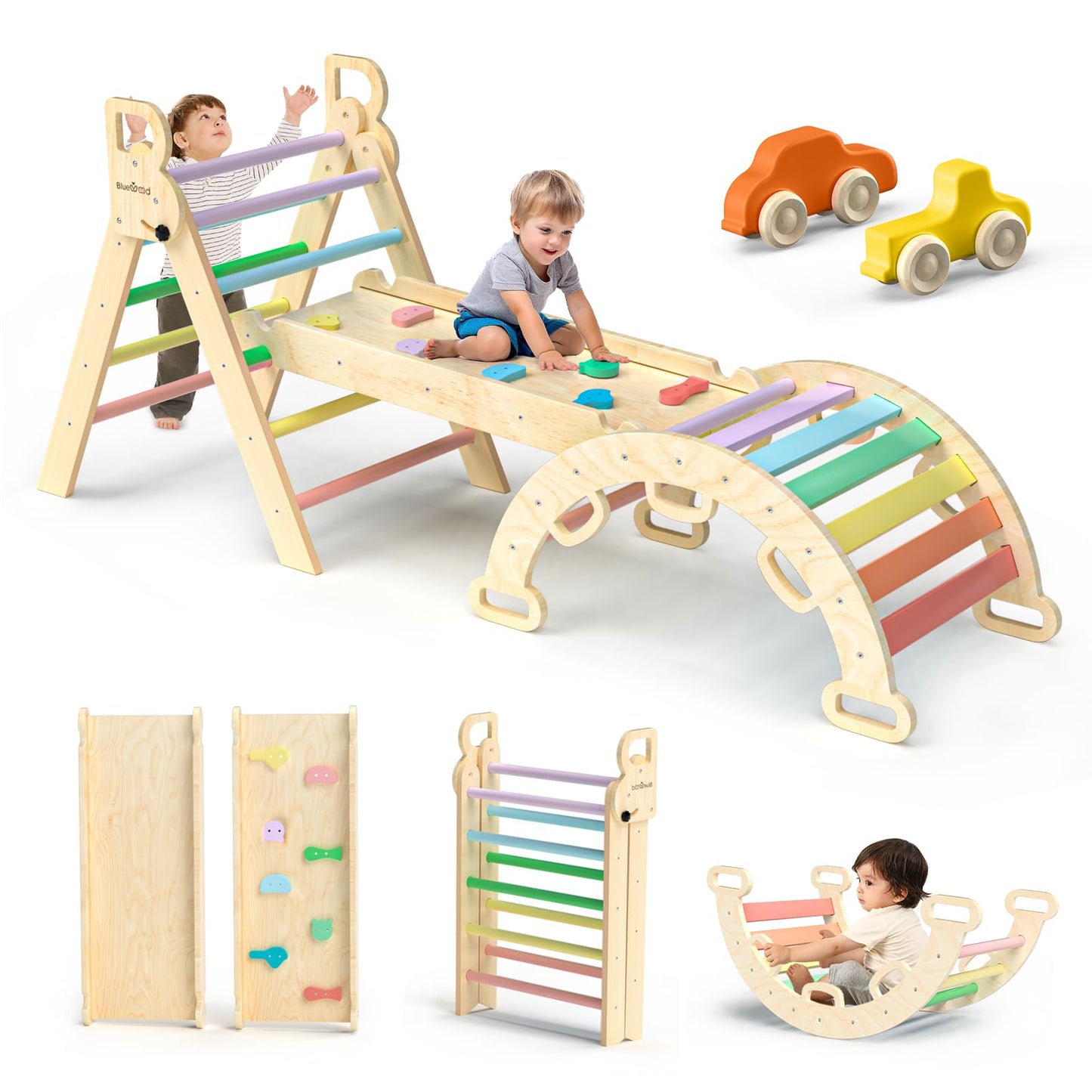 BlueWood Pikler Triangle Set 7in1 Foldable Baby Climbing Toys Wooden Montessori Climbing Set with Arch&Ramp&Ladder Baby Climber Indoor Jungle Gyms for Toddlers Montessori Toys - Rainbow